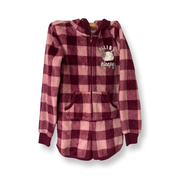 Justice Pajama Romper One-piece Checkered Maroon And Pink Feline Sleepy Size 8 - Picture 1 of 14